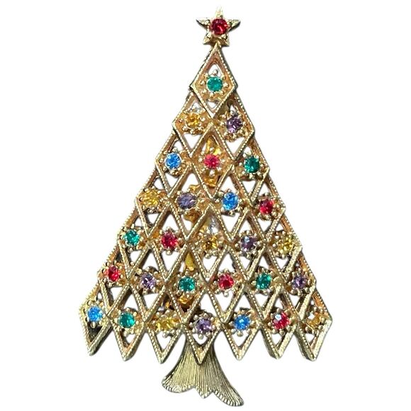 Vintage JJ Signed Christmas Tree Brooch Pin Gold Tone Rhinestone Holiday 2.25" - Picture 6 of 8